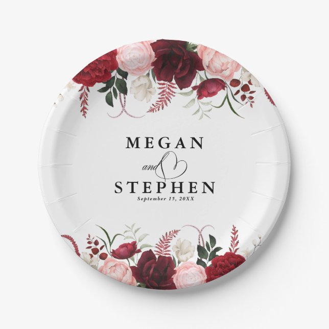 Romantic Watercolor Burgundy Floral Wedding  Paper Plate (Front)