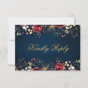 Romantic Watercolor Burgundy Gold Red Navy Floral RSVP Card