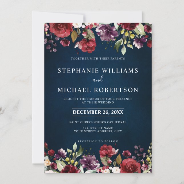 Romantic Watercolor Burgundy Red Blush Navy Floral Invitation (Front)