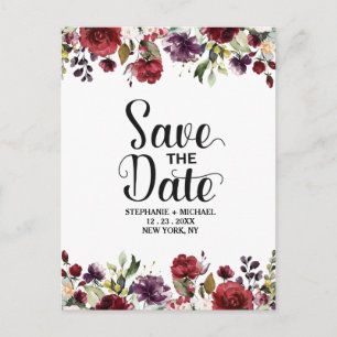 Romantic Watercolor Burgundy Red Blush Rose Floral Announcement Postcard