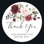 Romantic Watercolor Burgundy Red Blush Rose Floral Classic Round Sticker<br><div class="desc">Elegant and modern romantic watercolor floral wedding thank you sticker features a bouquet of burgundy / Marsala , blush pink, peach watercolor roses with matching foliage. Perfect for a fall / midsummer wedding. Please find more matching designs and variations from my "blissweddingpaperie" store. And feel free to contact me for...</div>