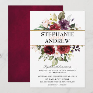 Romantic Watercolor Burgundy Red Blush Rose Floral Invitation