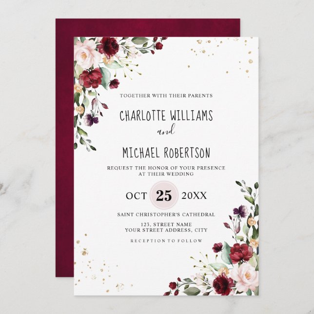 Romantic Watercolor Burgundy Red Blush Rose Floral Invitation (Front/Back)
