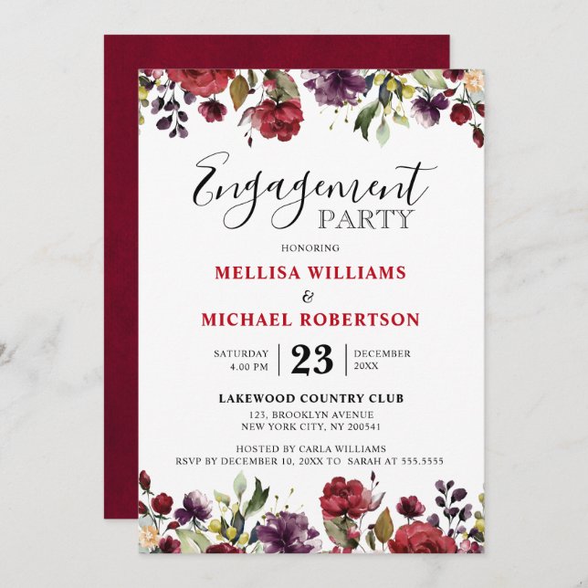 Romantic Watercolor Burgundy Red Blush Rose Floral Invitation (Front/Back)