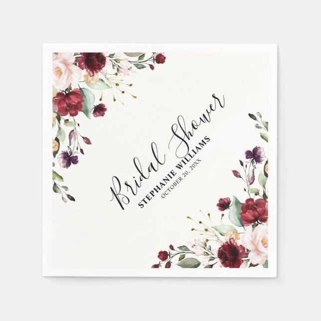 Romantic Watercolor Burgundy Red Blush Rose Floral Napkin (Front)