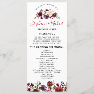 Romantic Watercolor Burgundy Red Blush Rose Floral Programme