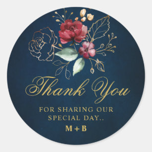 Romantic Watercolor Burgundy Red Navy Floral Classic Round Sticker
