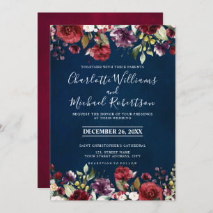 Romantic Watercolor Burgundy Red Navy Floral Invitation