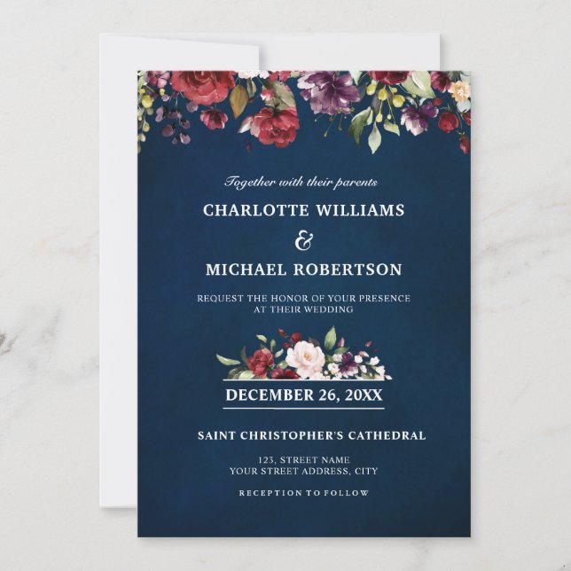 Romantic Watercolor Burgundy Red Navy Floral Invitation (Front)