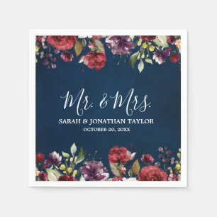Romantic Watercolor Burgundy Red Navy Floral Napkin