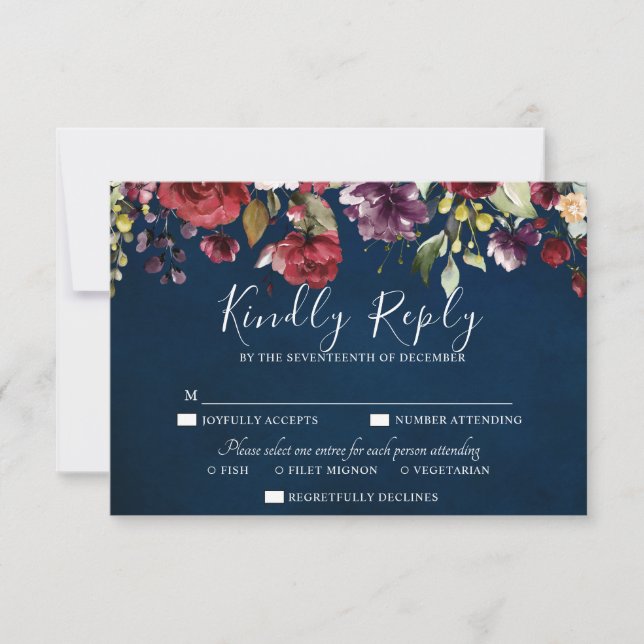 Romantic Watercolor Burgundy Red Navy Floral RSVP Card (Front)