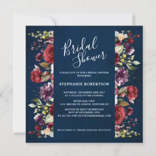 Romantic Watercolor Burgundy Red Navy Rose Floral Invitation