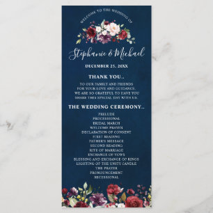 Romantic Watercolor Burgundy Red Navy Rose Floral Programme
