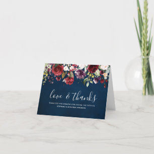 Romantic Watercolor Burgundy Red Navy Rose Floral Thank You Card