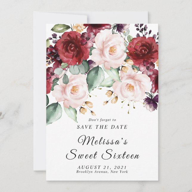 Romantic Watercolor Burgundy Save the date Invitation (Front)