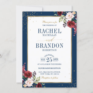 Romantic Watercolor Burgundy Wedding Floral Invitation