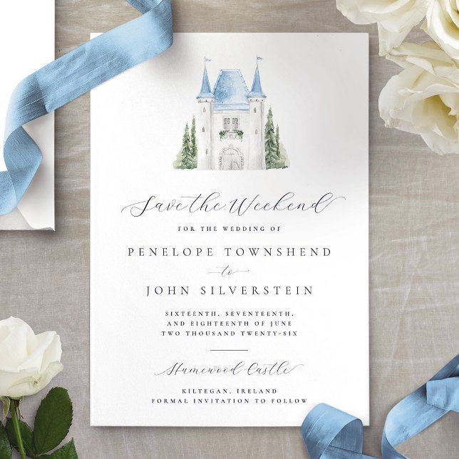 Romantic Watercolor Castle Weekend Wedding  Save The Date (Romantic Watercolor Castle Weekend Wedding Save The Date Card)