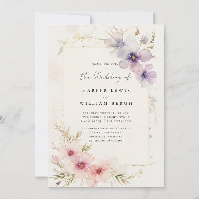 Romantic watercolor cosmos flowers qr code wedding invitation (Front)