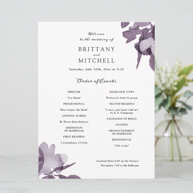 Romantic Watercolor Floral Amethyst Program Invitation (Standing Front)