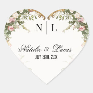 Romantic Watercolor Floral and Gold Arch Wedding Heart Sticker