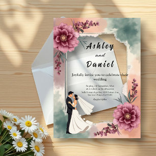 Romantic Watercolor Floral Bride And Groom Wedding Acrylic Invitations