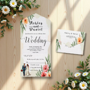 Romantic Watercolor Floral Bride And Groom Wedding All In One Invitation