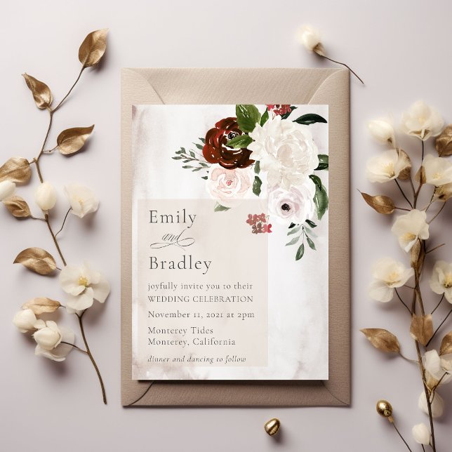 Romantic Watercolor Floral Burgundy Rose Wedding Invitation (Creator Uploaded)
