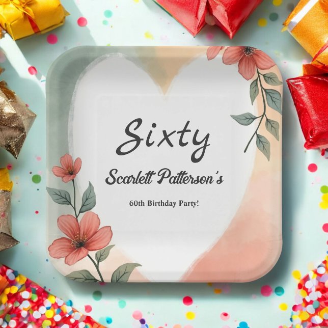 Romantic Watercolor Floral Dusty 60th Birthday Paper Plate (Creator Uploaded)
