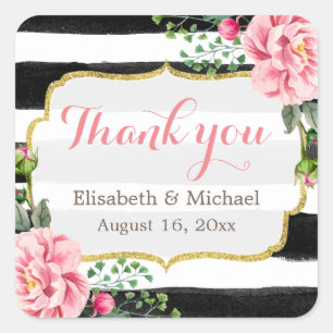 Romantic Watercolor Floral Gold Striped Thank You Square Sticker