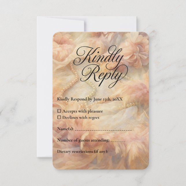 Romantic Watercolor Floral Pearls Feathers Wedding RSVP Card (Front)