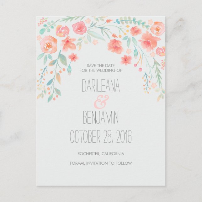 Romantic Watercolor Floral Save The Date Announcement Postcard (Front)