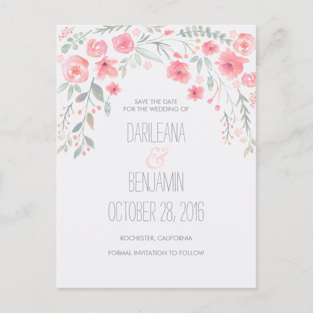 Romantic Watercolor Floral Save The Date Announcement Postcard (Front)
