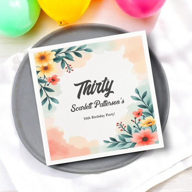 Romantic Watercolor Floral Summer 30th Birthday Napkin (Creator Uploaded)