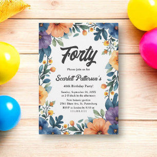 Romantic Watercolor Floral Summer 40th Birthday Invitation