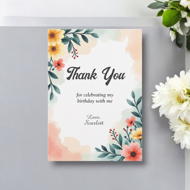 Romantic Watercolor Floral Summer Birthday Thank You Card (Creator Uploaded)