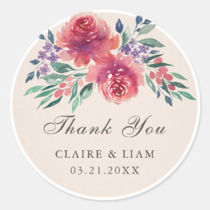 Romantic Watercolor Floral Wedding Thank You Classic Round Sticker