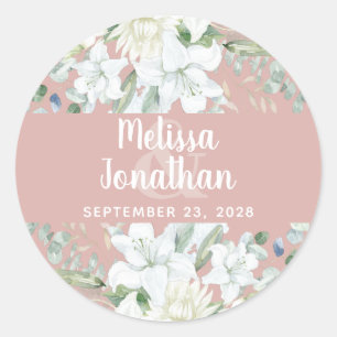 Romantic watercolor floral white flowers wedding classic round sticker