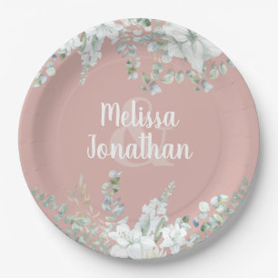 Romantic watercolor floral white flowers wedding paper plate