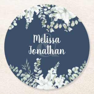 Romantic watercolor floral white flowers wedding round paper coaster
