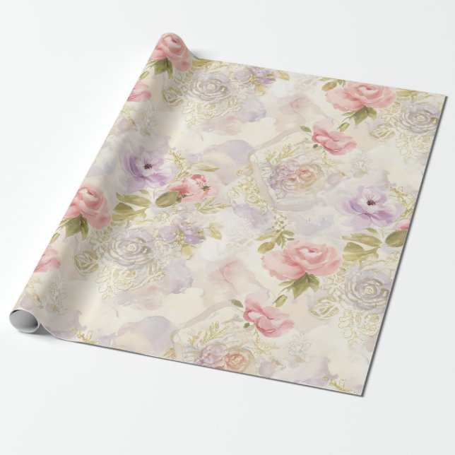 Romantic Watercolor Floral Wrapping Paper - Elegan (Unrolled)