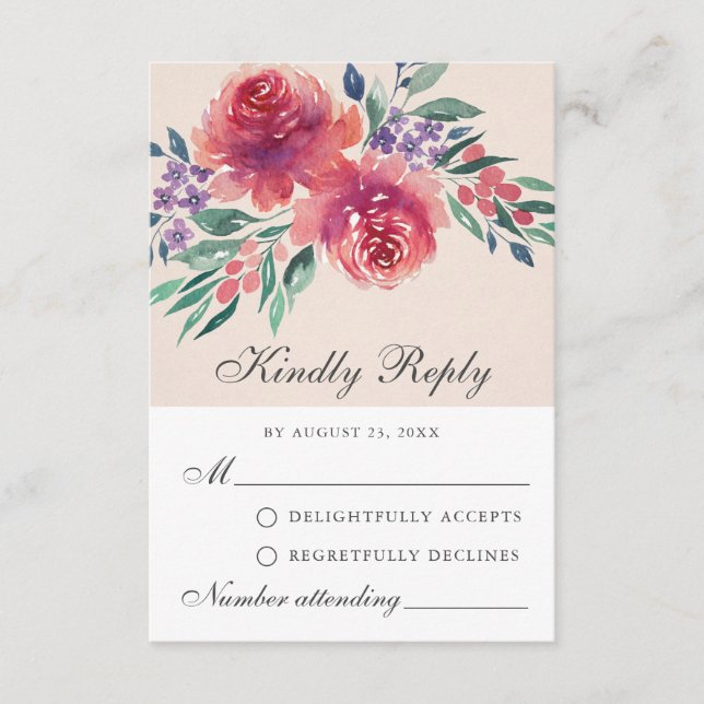 Romantic Watercolor Florals Purple RSVP Card (Front)