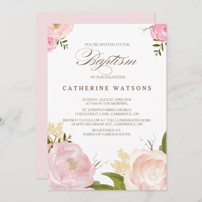 Romantic Watercolor Flowers Baptism Invitation (Front/Back)
