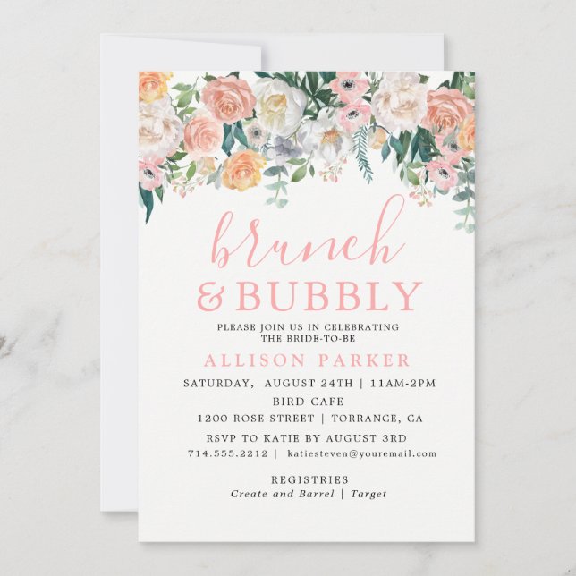 Romantic Watercolor Flowers Brunch & Bubbly Cards (Front)
