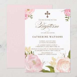 Romantic Watercolor Flowers & Cross Baptism Invitation