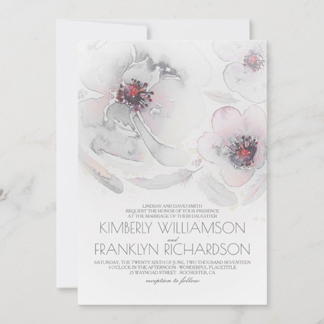 Romantic Watercolor Flowers Grey and Pink Wedding Invitation (Front)
