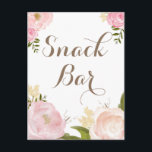 Romantic Watercolor Flowers Snack Bar Sign Postcard<br><div class="desc">Whimsical snack bar sign featuring lovely watercolor illustrations of peonies and rose. This is a part of a wedding suite. Perfect for spring and garden parties. Matching items are available.</div>