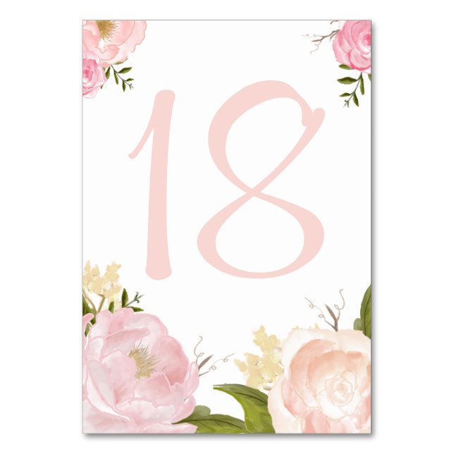 Romantic Watercolor Flowers Table Numbers Card (Front)