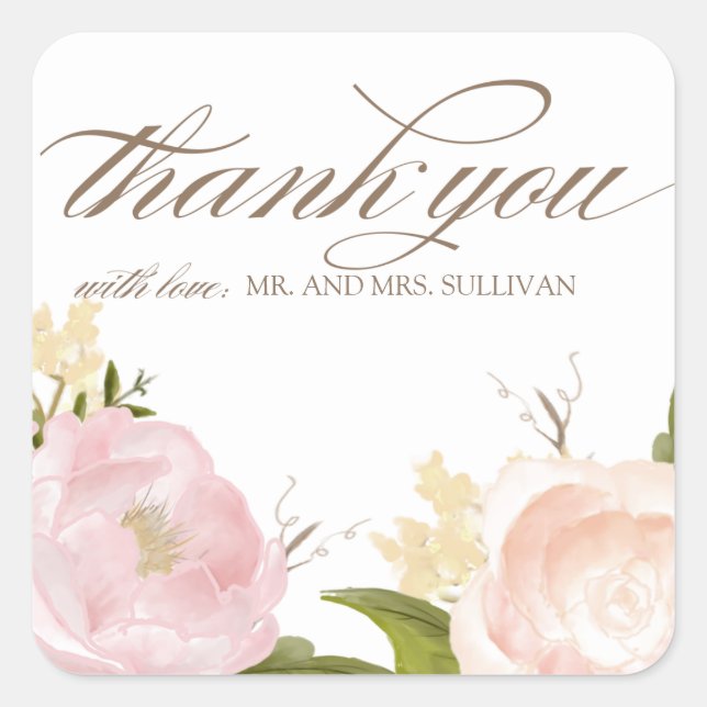 Romantic Watercolor Flowers Thank You Sticker (Front)