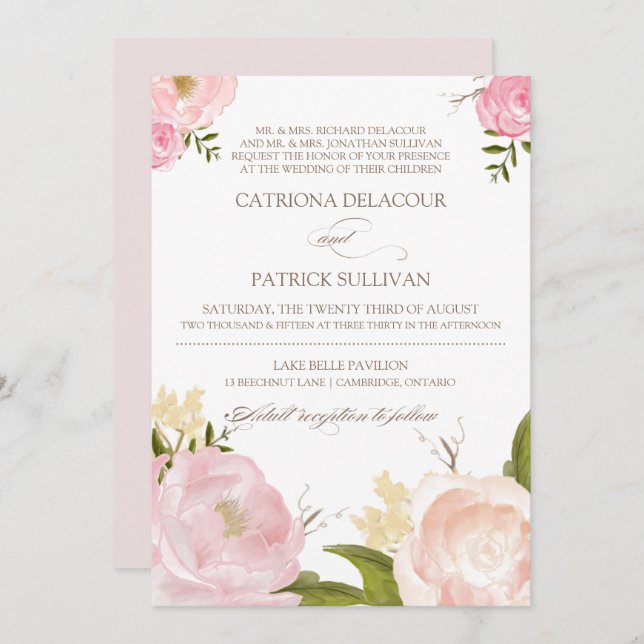 Romantic Watercolor Flowers Wedding Invitation V (Front/Back)