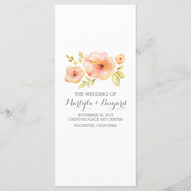 romantic watercolor flowers wedding programs programme (Front)